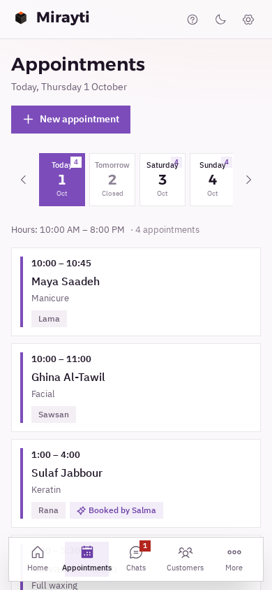 The salon's appointment calendar on a phone screen