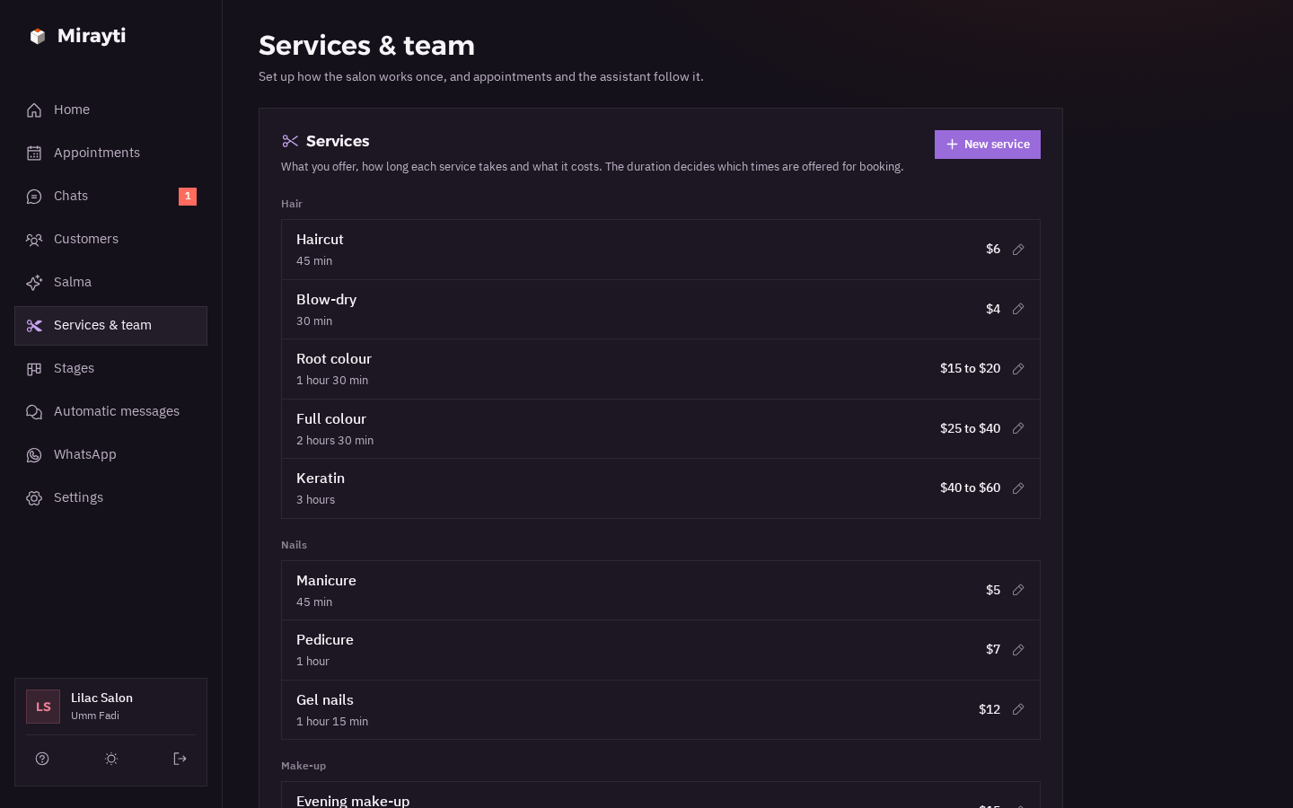 The services and team page in dark mode